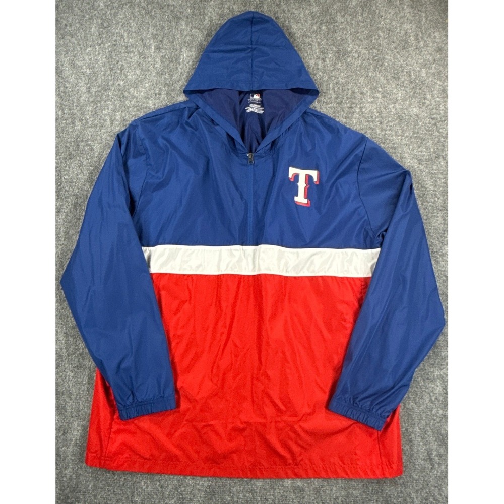 Texas Rangers Windbreaker Mens 3XL Blue Red MLB Hooded Quarter Zip Jacket